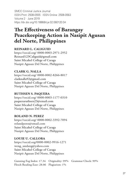 The Effectiveness of Barangay Peacekeeping Action in Nasipit .